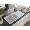 Mexen Andres chiuvetă din granit cu 1,5 compartimente, cu scurgător și baterie de bucătărie Duo, alb - 6515-20-671701-02