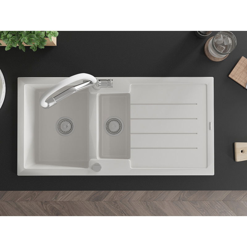 Mexen Andres, 1,5 kamrás gránit mosogató csepptálcával és Duo konyhai csapteleppel, fehér - 6515-20-671701-02