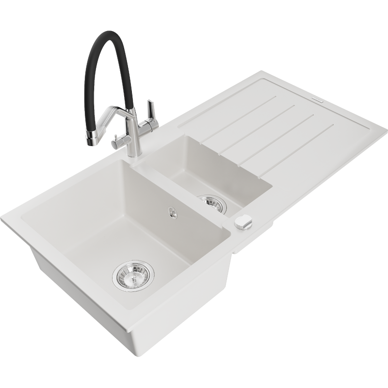 Mexen Andres chiuvetă granit 1,5 camere cu scurgător și baterie bucătărie Duo, alb - 6515-20-671701-07
