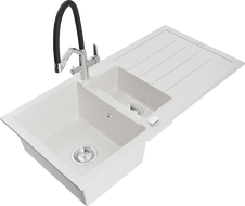 Mexen Andres gránit mosogató 1,5-medencés csepegtetővel és Duo konyhai csapteleppel, fehér - 6515-20-671701-07