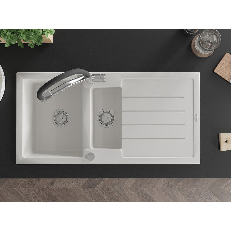 Mexen Andres chiuvetă granit 1,5 camere cu scurgător și baterie bucătărie Duo, alb - 6515-20-671701-07