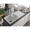 Mexen Andres chiuvetă din granit cu 1,5 compartimente cu scurgător și baterie de bucătărie Duo, alb - 6515-20-671701-07-B