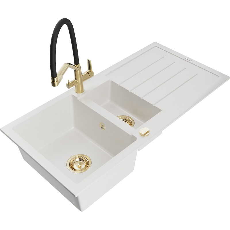 Mexen Andres chiuvetă de granit cu 1,5 cuve și scurgător, cu baterie de bucătărie Duo, albă - 6515-20-671701-57-G