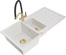 Mexen Andres 1,5 kamrás gránit mosogató csepegtetővel és Duo konyhai csapteleppel, fehér - 6515-20-671701-57-G