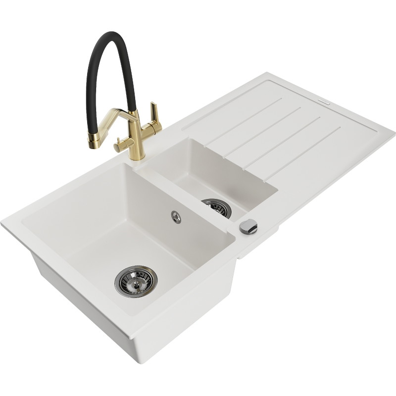 Mexen Andres chiuvetă de granit cu 1,5 cuve, cu scurgător și baterie de bucătărie Duo, alb - 6515-20-671701-57-B