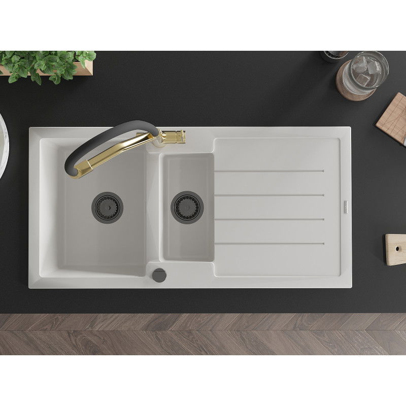 Mexen Andres gránit mosogató 1,5 rekeszes csepegtetővel és Duo konyhai csapteleppel, fehér - 6515-20-671701-57-B
