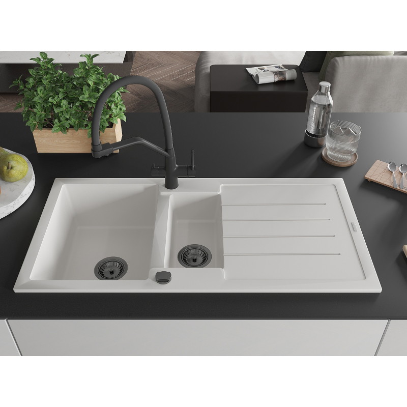Mexen Andres chiuvetă din granit cu 1,5 camere cu picurător și baterie de bucătărie Duo, albă - 6515-20-671701-70-B