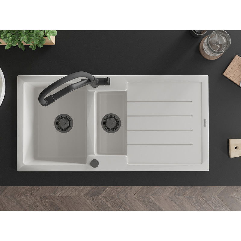 Mexen Andres chiuvetă granit 1,5 camere cu scurgător și baterie de bucătărie Duo, alb - 6515-20-671701-70-B