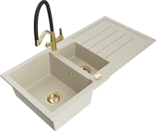 Mexen Andres gránit 1,5-medencés mosogató lefolyóval és Duo konyhai csapteleppel, bézs - 6515-69-671701-57-G
