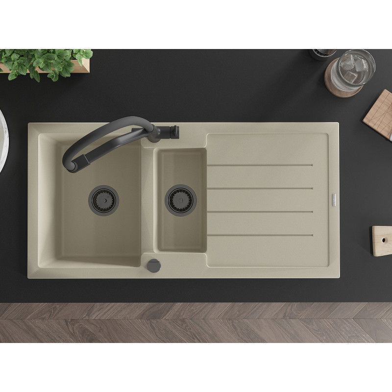 Mexen Andres 1,5 rekeszes gránit mosogató csepptálcával és Duo konyhai csappal, bézs - 6515-69-671701-70-B