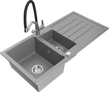 Mexen Andres chiuvetă de granit cu 1,5 compartimente cu scurgător și baterie de bucătărie Duo, gri - 6515-71-671701-07