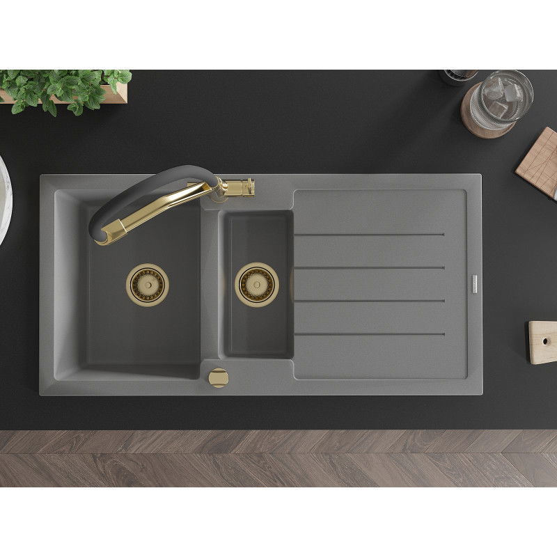 Mexen Andres chiuvetă din granit cu 1,5 compartimente cu scurgător și baterie de bucătărie Duo, gri - 6515-71-671701-57-G