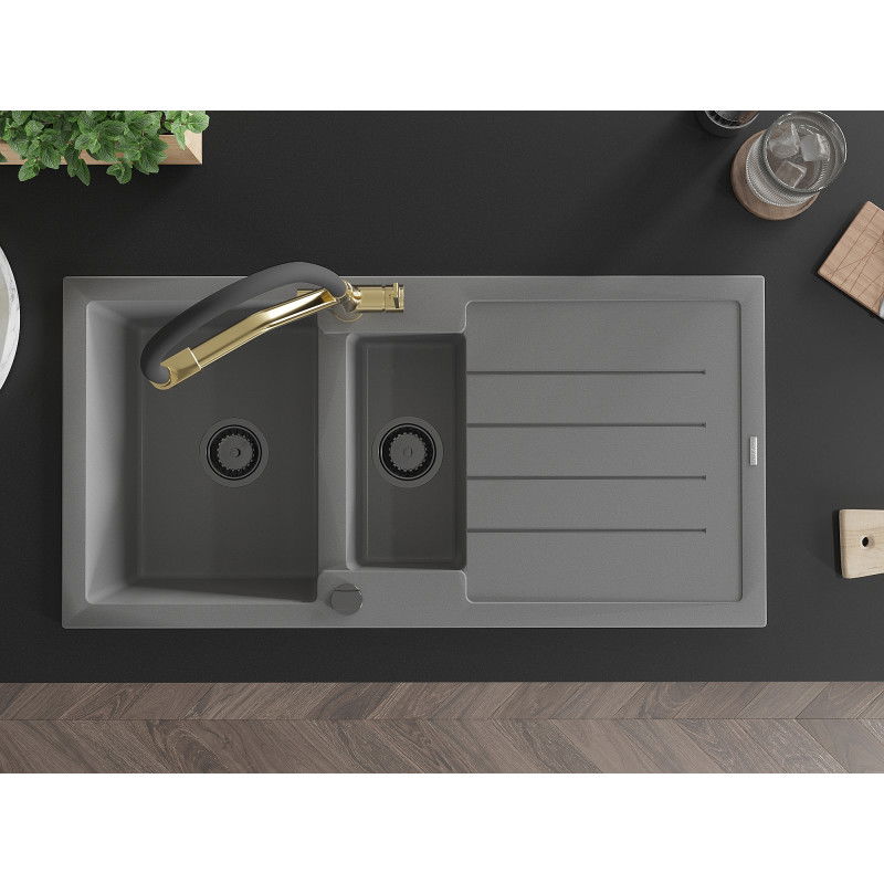 Mexen Andres chiuvetă din granit 1,5 cuve cu scurgător și baterie de bucătărie Duo, gri - 6515-71-671701-57-B