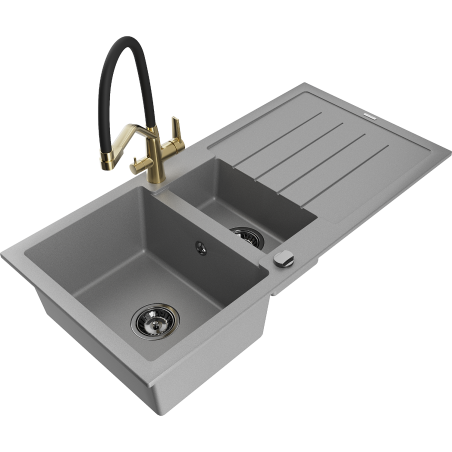 Mexen Andres chiuvetă de granit cu 1,5 cuve și picurător și baterie de bucătărie Duo, gri - 6515-71-671701-57-B