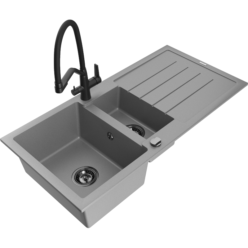 Mexen Andres chiuvetă granit 1,5-camere cu picurător și baterie de bucătărie Duo, gri - 6515-71-671701-70-B