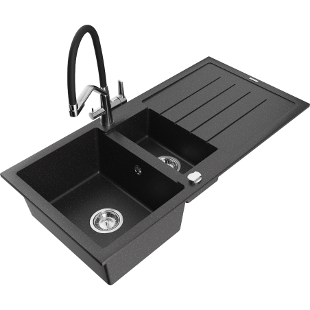 Mexen Andres chiuvetă granit 1,5 camere cu scurgător și baterie Duo, negru/metalizat argintiu - 6515-73-671701-07