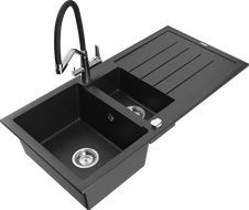 Mexen Andres chiuvetă de granit cu 1,5 cuve, picurător și baterie Duo, negru/argintiu metalic - 6515-73-671701-07