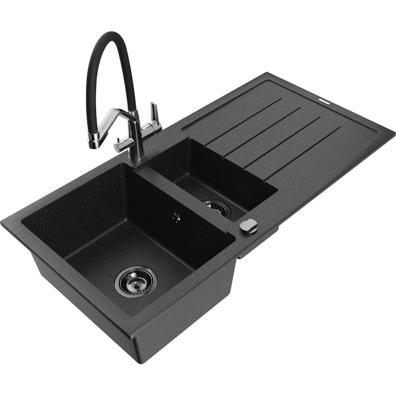 Mexen Andres chiuvetă de bucătărie din granit cu 1,5 compartimente cu picurător și baterie de bucătărie Duo,