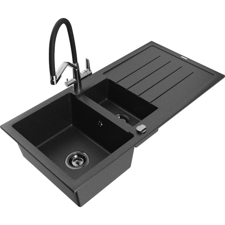 Mexen Andres chiuvetă de bucătărie din granit cu 1,5 compartimente cu picurător și baterie de bucătărie Duo,