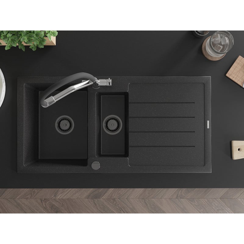 Mexen Andres chiuvetă de bucătărie din granit cu 1,5 compartimente cu picurător și baterie de bucătărie Duo,
