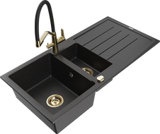 Mexen Andres 1,5 rekeszes gránit mosogató csepegtetővel és Duo konyhai csappal, fekete/ezüst - 6515-73-671701-57-G