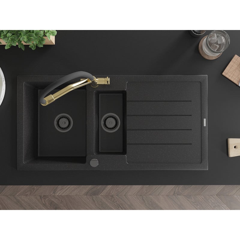 Mexen Andres chiuvetă de bucătărie din granit cu 1,5 compartimente, cu scurgător și baterie Duo, negru/argintiu