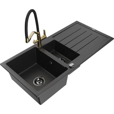 Mexen Andres chiuvetă de bucătărie din granit cu 1,5 compartimente, cu scurgător și baterie Duo, negru/argintiu