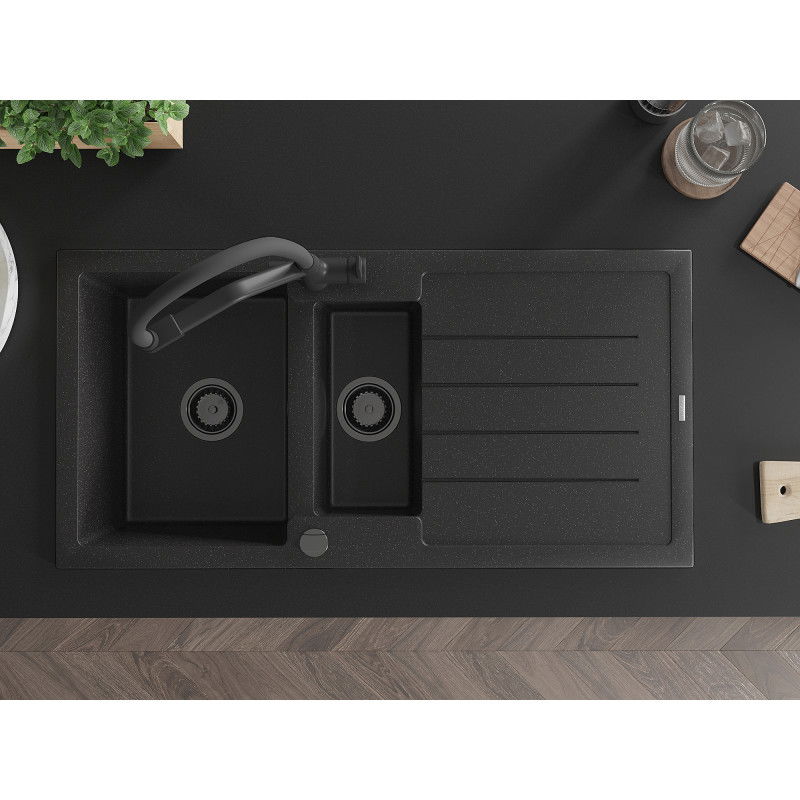 Mexen Andres chiuvetă din granit cu 1,5 cuve și scurgător și robinet de bucătărie Duo, negru/argintiu - 6515-73-671701-70-B