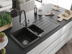 Mexen Andres chiuvetă din granit 1,5-compartimente cu scurgător și baterie Duo, negru/auriu metalic - 6515-75-671701-07