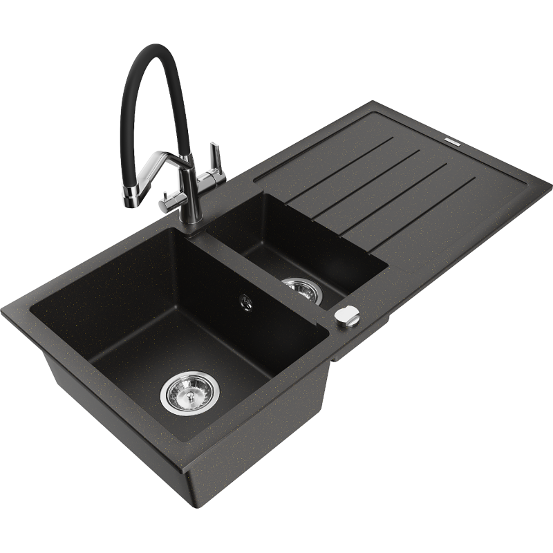 Mexen Andres chiuvetă de bucătărie din granit cu 1,5 compartimente și picurător și baterie Duo, negru/auriu metalic
