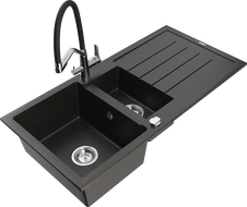 Mexen Andres gránit mosogató 1,5-medencés edényszárítóval és Duo konyhai csapteleppel, fekete/arany metál - 6515-75-671701-07