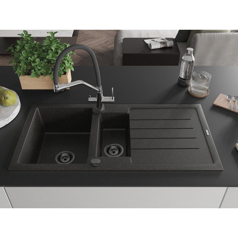 Mexen Andres chiuvetă din granit cu 1,5 camere cu scurgător și robinet de bucătărie Duo, negru/auriu metalic