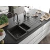 Mexen Andres chiuvetă de granit 1,5 cameră cu scurgător și baterie de bucătărie Duo, negru/auriu metalizat - 6515-75-671701-07-B