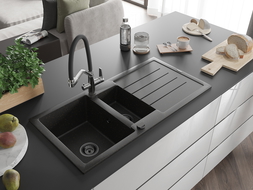 Mexen Andres chiuvetă de granit 1,5 cameră cu scurgător și baterie de bucătărie Duo, negru/auriu metalizat - 6515-75-671701-07-B