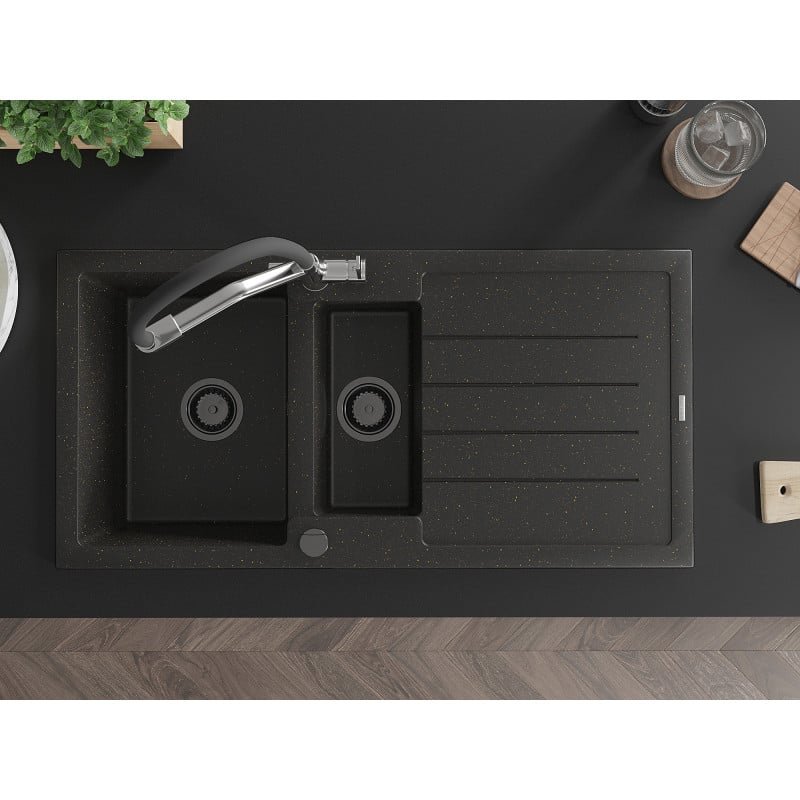 Mexen Andres chiuvetă din granit cu 1,5 camere cu scurgător și robinet de bucătărie Duo, negru/auriu metalic
