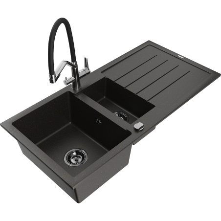 Mexen Andres chiuvetă din granit cu 1,5 camere cu scurgător și robinet de bucătărie Duo, negru/auriu metalic