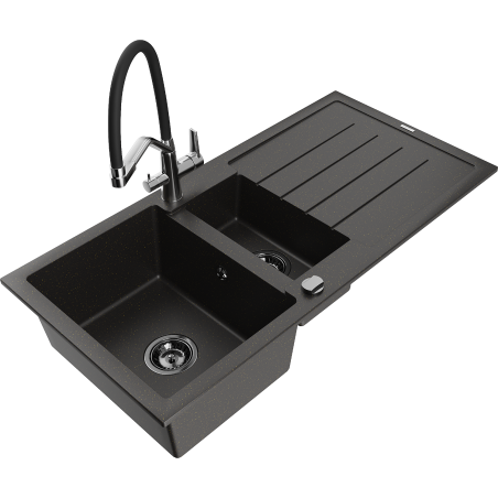 Mexen Andres gránit mosogató 1,5-medencés csepegtetővel és Duo konyhai csapteleppel, fekete/arany metál - 6515-75-671701-07-B