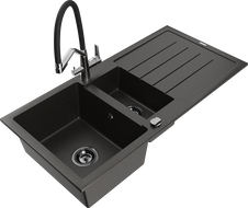 Mexen Andres gránit mosogató 1,5-medencés csepegtetővel és Duo konyhai csapteleppel, fekete/arany metál - 6515-75-671701-07-B
