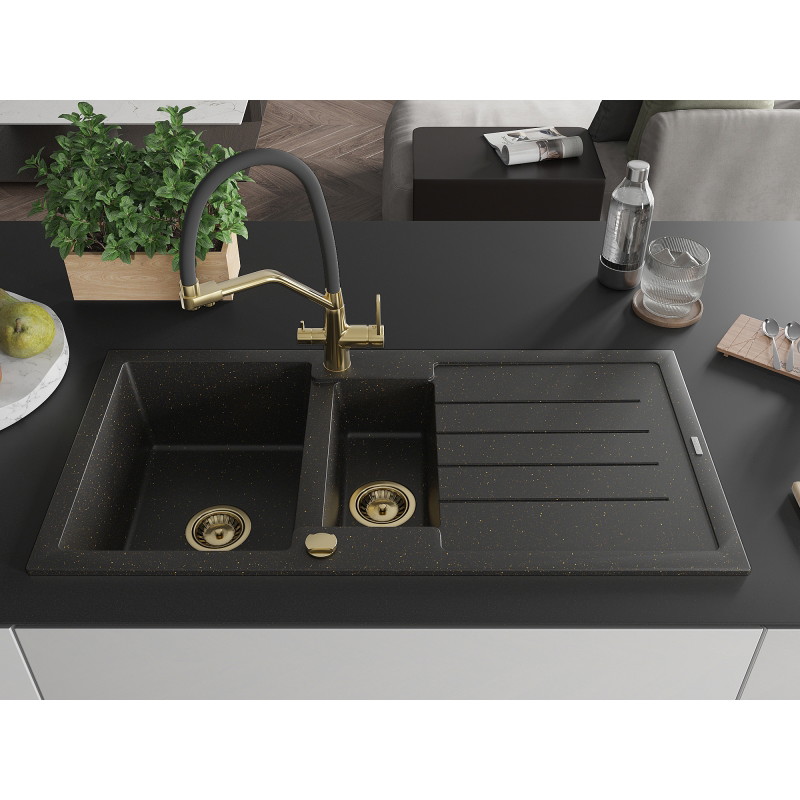Mexen Andres gránit mosogató 1,5 rekeszes csepegtetővel és Duo konyhai csappal, fekete/arany metál - 6515-75-671701-57-G