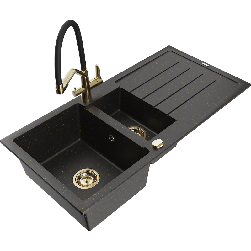 Mexen Andres chiuvetă granit 1,5-camere cu scurgător și baterie de bucătărie Duo, negru/auriu metalic - 6515-75-671701-57-G