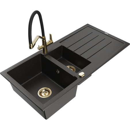 Mexen Andres chiuvetă granit 1,5-camere cu scurgător și baterie de bucătărie Duo, negru/auriu metalic - 6515-75-671701-57-G