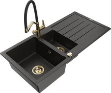 Mexen Andres chiuvetă din granit 1,5 boluri cu picurător și baterie de bucătărie Duo, negru/auriu metalic - 6515-75-671701-57-G
