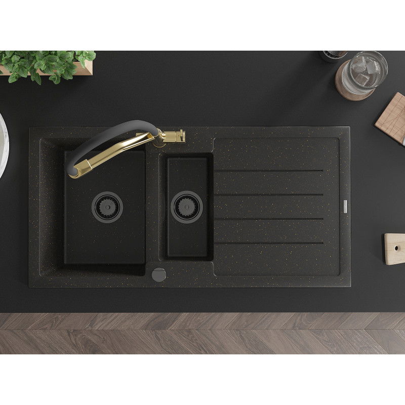 Mexen Andres chiuvetă de bucătărie din granit cu 1,5 compartimente, cu scurgător și baterie de bucătărie Duo, negru/auriu