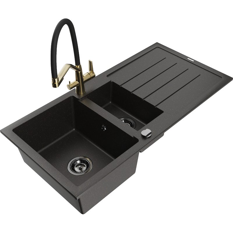 Mexen Andres chiuvetă granit 1,5 camere cu scurgător și baterie Duo, negru/auriu metalizat - 6515-75-671701-57-B