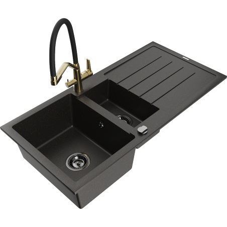 Mexen Andres chiuvetă de bucătărie din granit cu 1,5 compartimente, cu scurgător și baterie de bucătărie Duo, negru/auriu