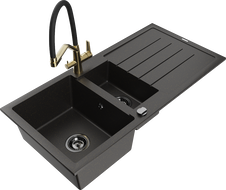 Mexen Andres gránit mosogató 1,5 rekeszes csepegtetővel és Duo konyhai csapteleppel, fekete/arany metál