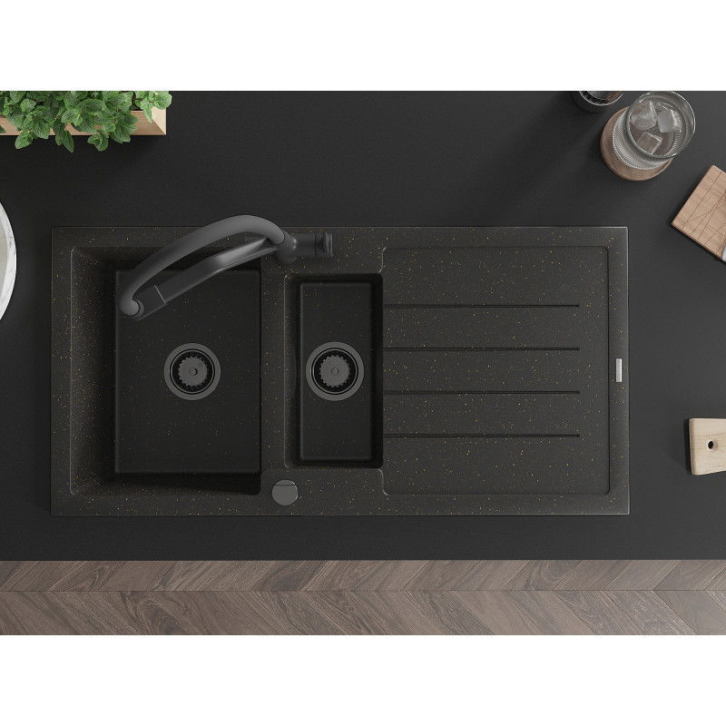 Mexen Andres chiuvetă de granit cu 1,5 cuve și scurgător cu baterie de bucătărie Duo, negru/auriu metalizat