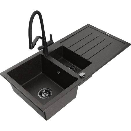 Mexen Andres chiuvetă de granit cu 1,5 cuve și scurgător cu baterie de bucătărie Duo, negru/auriu metalizat
