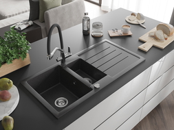 Mexen Andres chiuvetă de granit cu 1,5 compartimente cu scurgător și baterie de bucătărie Duo, negru cu pete - 6515-76-671701-07