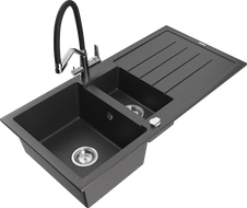 Mexen Andres chiuvetă de granit cu 1,5 cuve, cu scurgător și baterie de bucătărie Duo, negru cu picățele